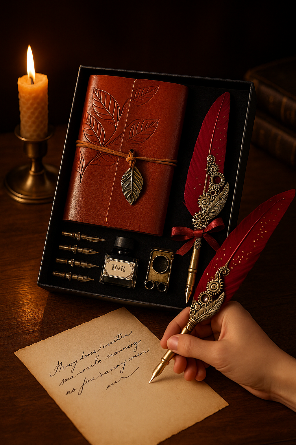 Vintage Feather Quill Writing Set with Leather Journal