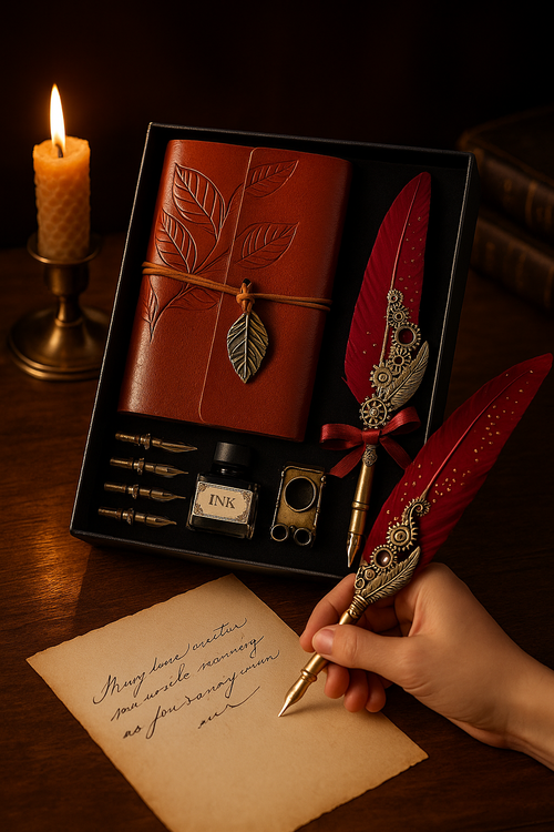Vintage Feather Quill Writing Set with Leather Journal